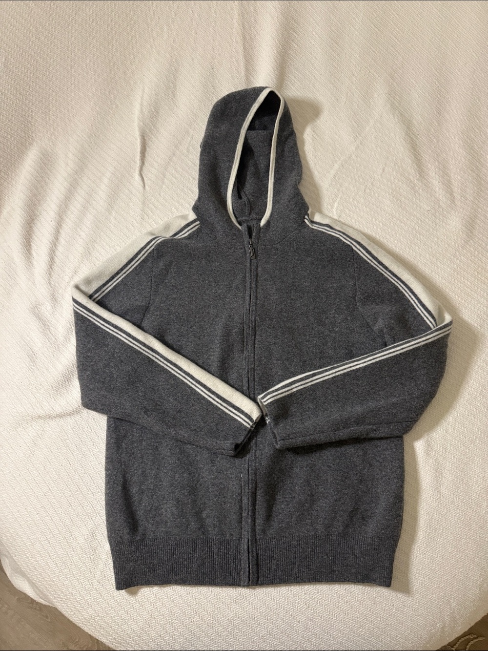 Men's Charcoal Zip-Up Hooded Sweater with White Stripe